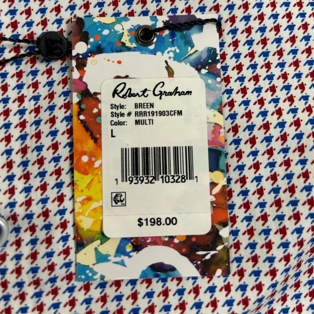 ROBERT GRAHAM NWT Breen Geometric Flip Cuff Button Down Shirt L‎ White Red Blue - Picture 2 of 13